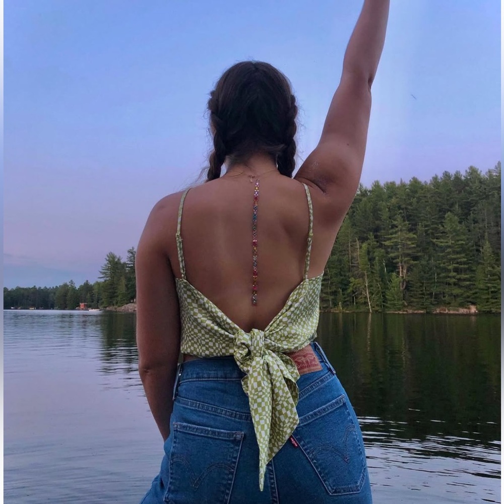 Dynamite Tie-Back Green and White Checkered Patterned Women's Top XS